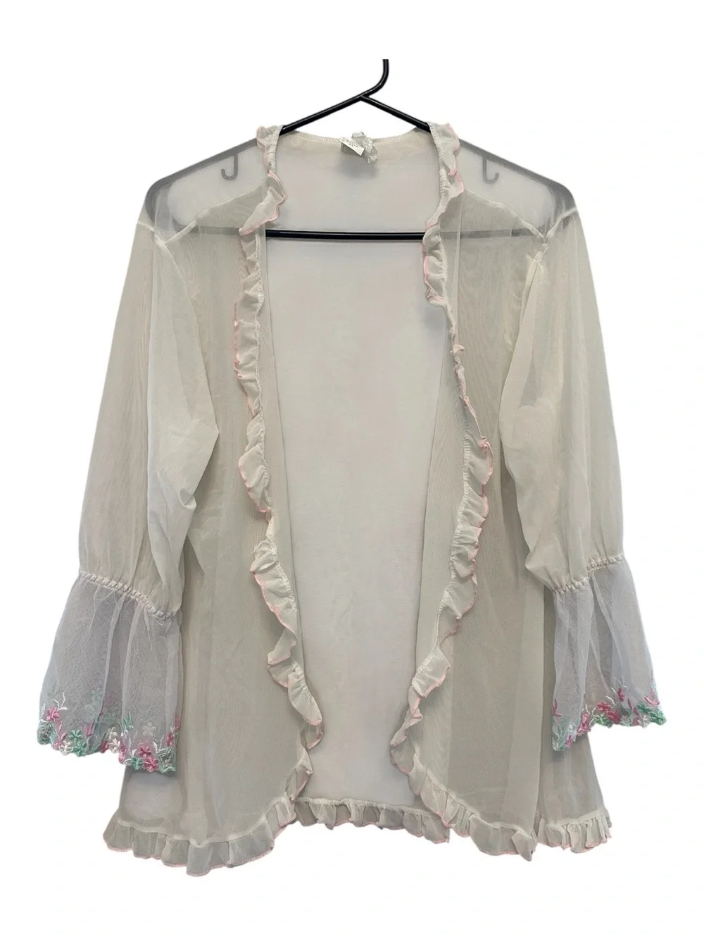 Vintage Y2K Fairycore Sheer White Ruffle-Trim Cardigan with Pink Accents 2X